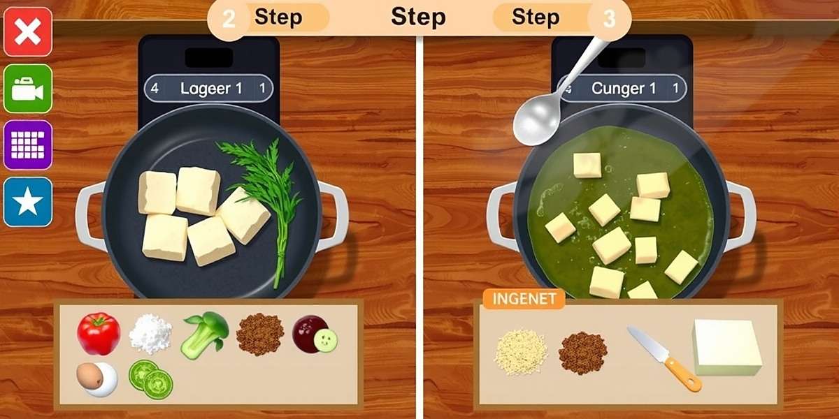 Paneer Passion gameplay showing step-by-step preparation of palak paneer with ingredient selection and cooking tools